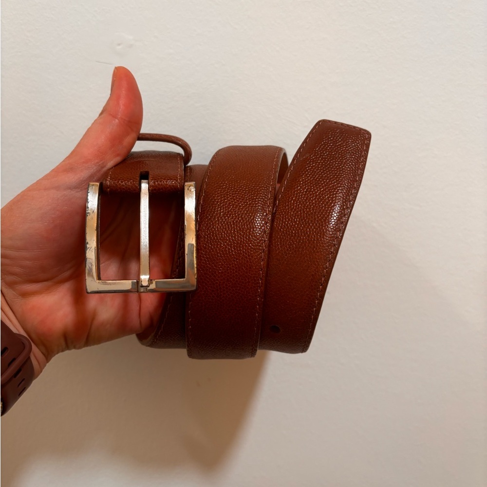 W. Kleinberg Cognac Leather Belt with Polished Silver Buckle